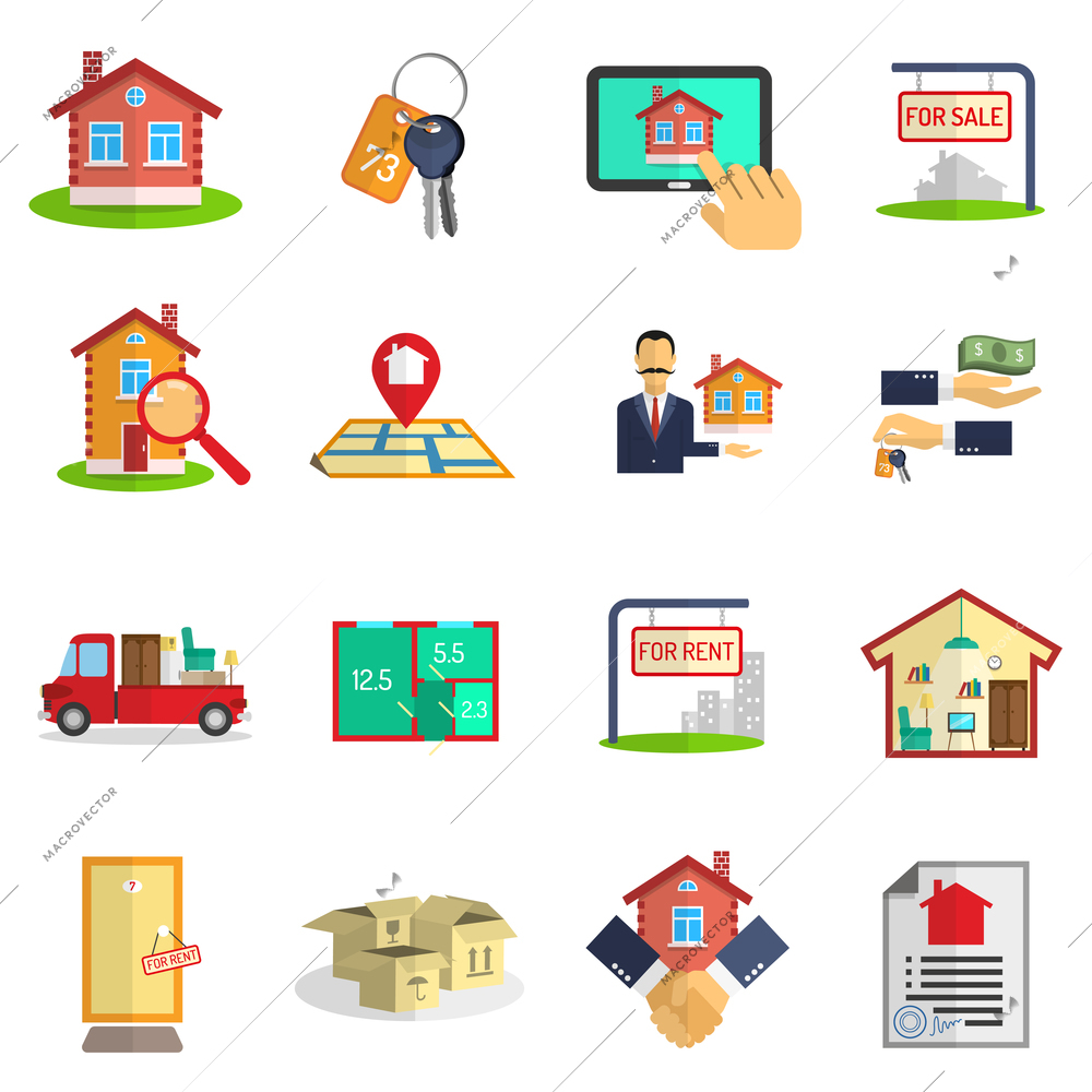 Real estate sale rent icons set on white background flat isolated vector illustration