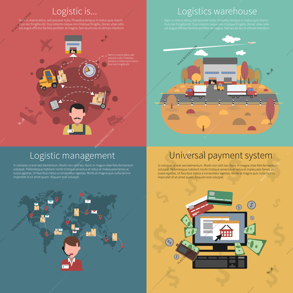 Design concept set for logistic warehouse management and universal payment system isolated vector illustration