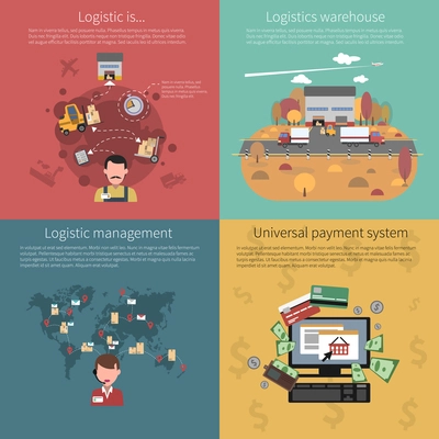 Design concept set for logistic warehouse management and universal payment system isolated vector illustration