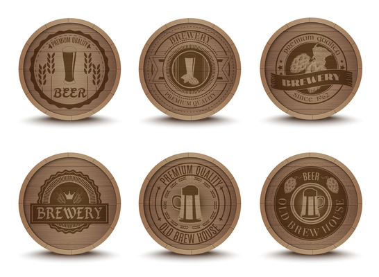 Wooden beer house emblems retro style beverage drip mats coasters  icons collection print abstract isolated vector illustration