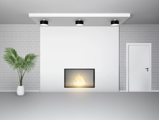 Fireplace interior with palm tree white door and brick wall vector illustration