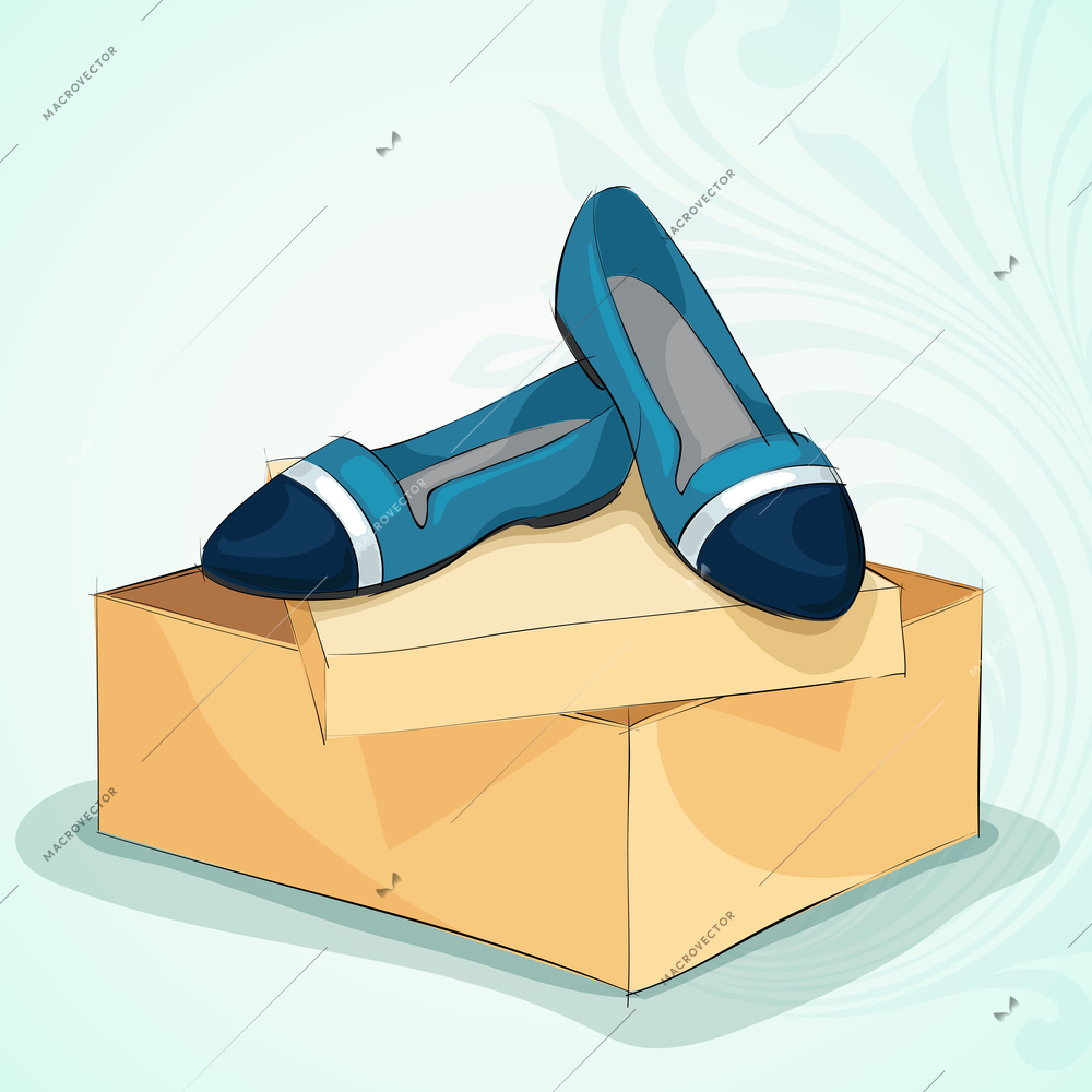 Casual woman's blue ballet flats on yellow gift box vector illustration