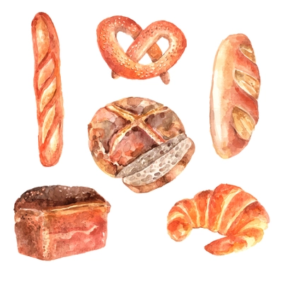 Fresh breads bakery advertisement watercolor pictograms collection of baguette and white loaf sketch abstract isolated vector illustration