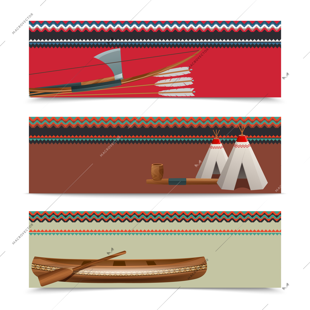 American indians cultural concept horizontal banners with traditional native hatchet weapon on border design abstract vector illustration