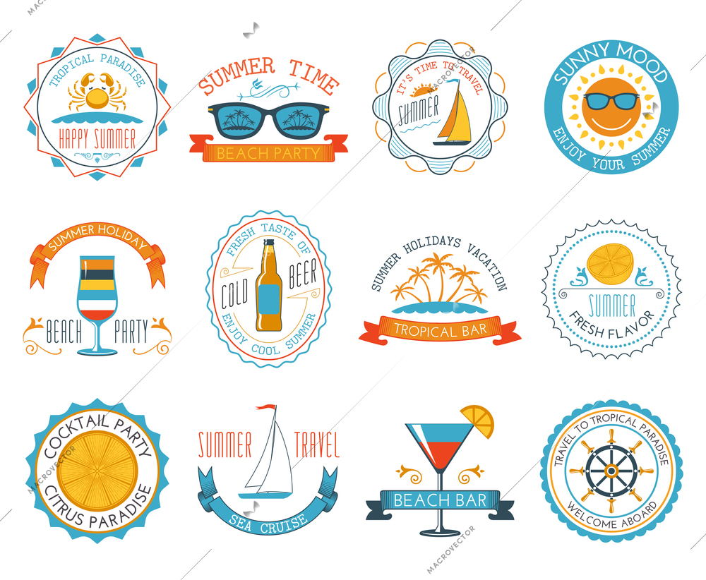 Happy summer time holiday travel sunny mood tropical paradise beach labels stickers set abstract isolated vector illustration
