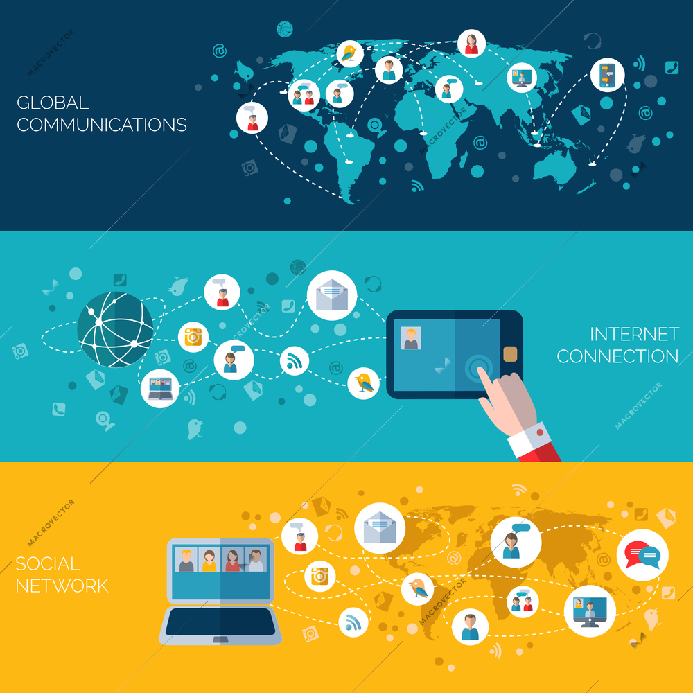 Internet communication and social networks horizontal banners set flat isolated vector illustration