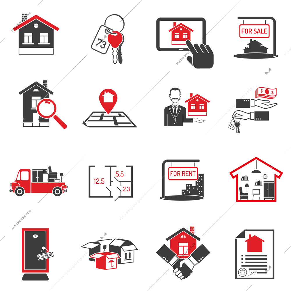 Real estate and housing black red icons set on white background isolated vector illustration