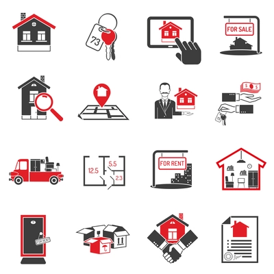 Real estate and housing black red icons set on white background isolated vector illustration