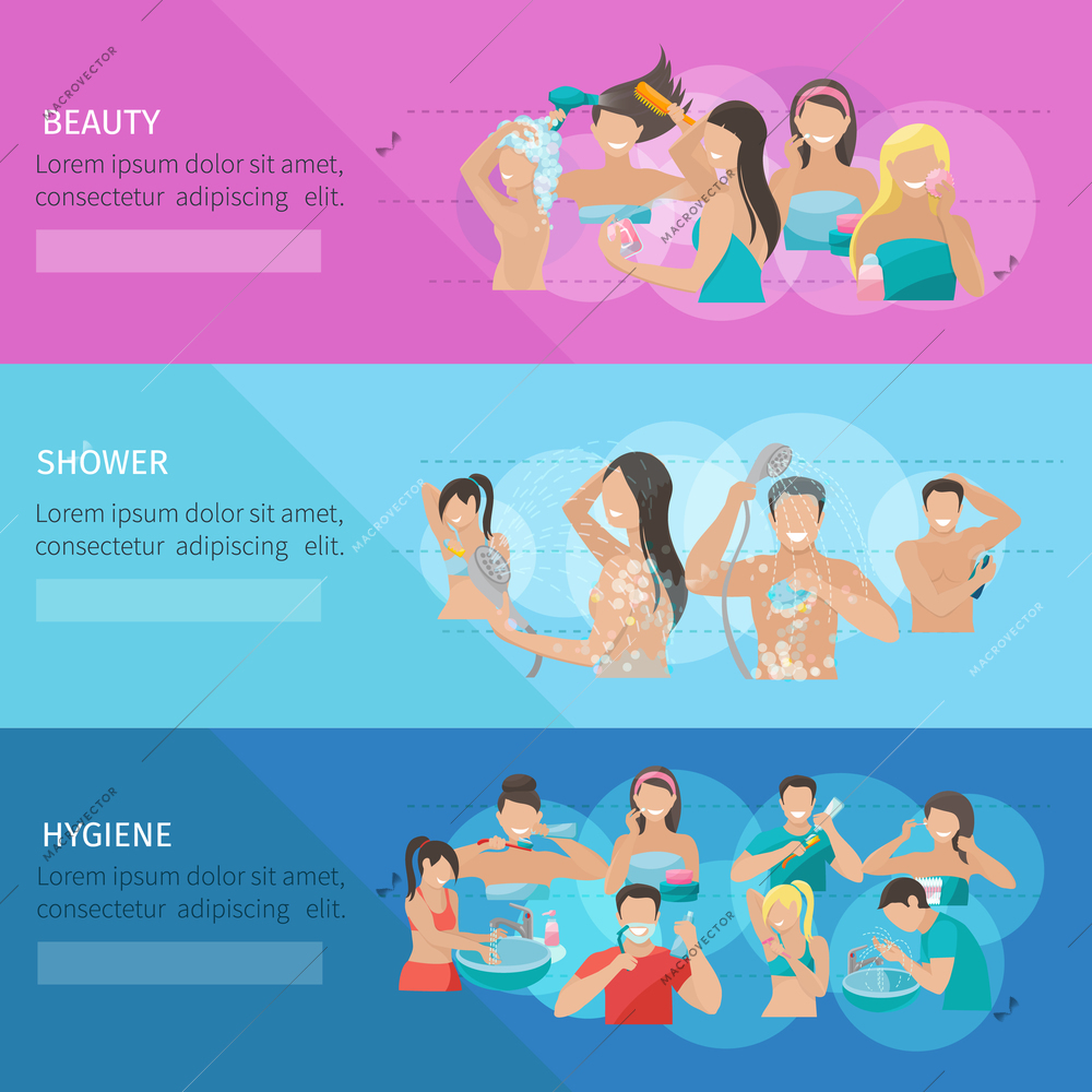 Hygiene horizontal banner set with beauty and shower elements isolated vector illustration