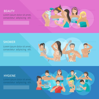 Hygiene horizontal banner set with beauty and shower elements isolated vector illustration