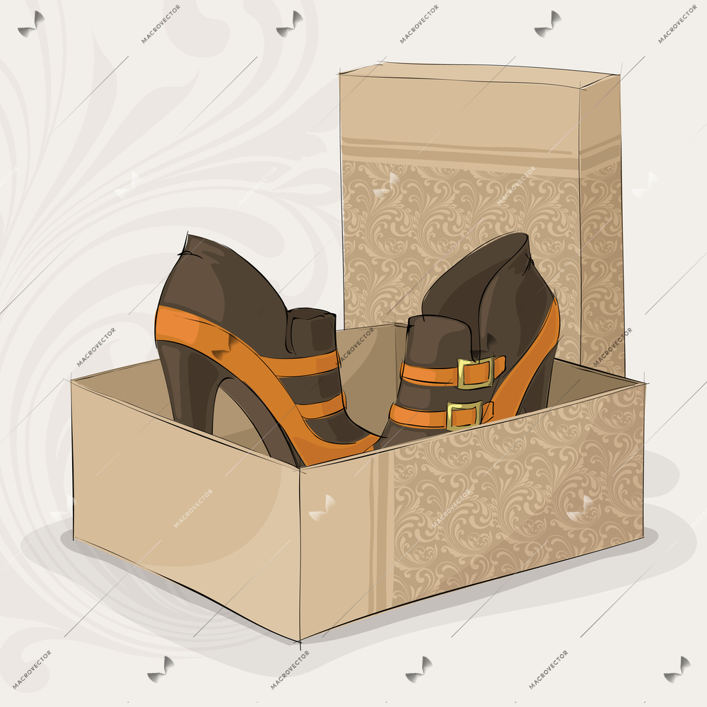 Elegant girl's brown and yellow ankle boots with gold buckles in open box vector illustration