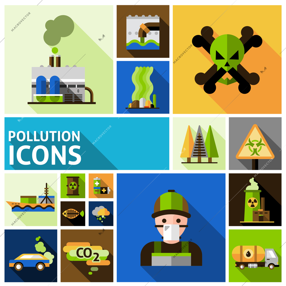Pollution and environment toxic damage flat decorative icons set isolated vector illustration