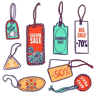 Hand drawn summer sale color tags sale set isolated vector illustration