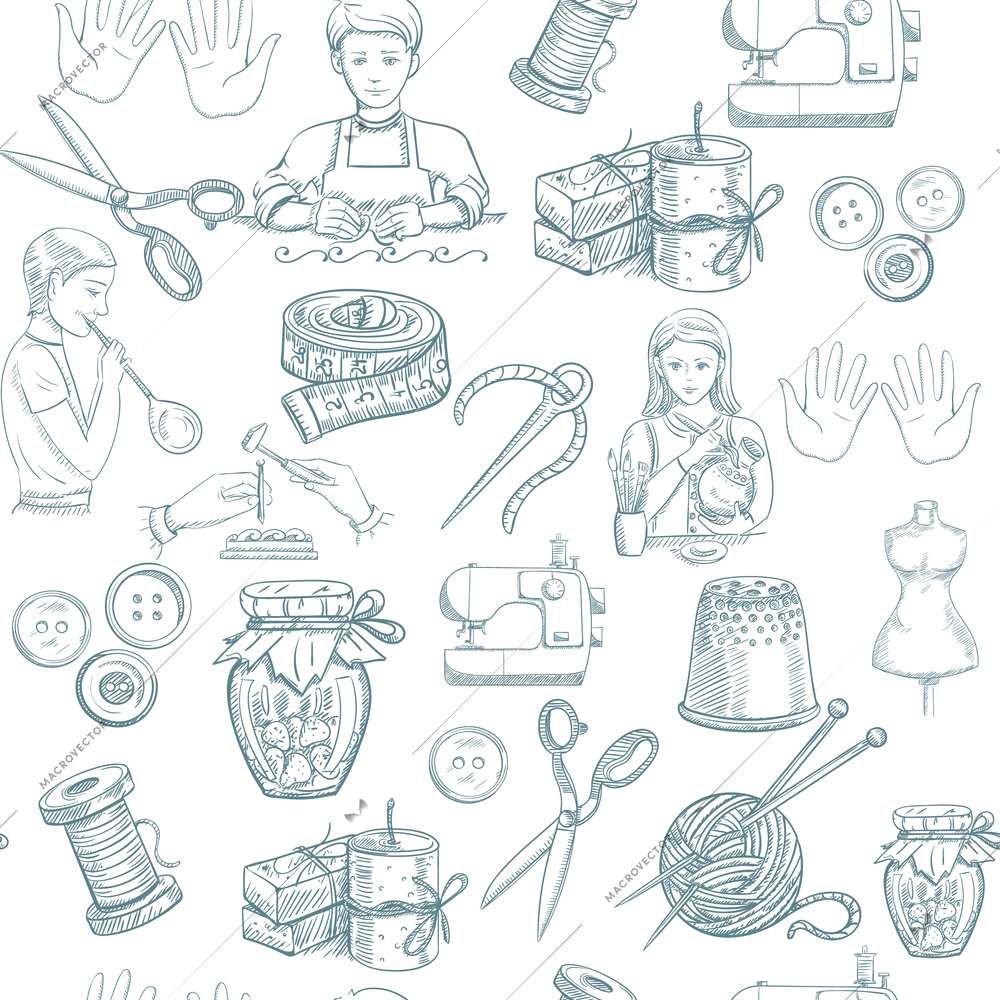 Handmade tailoring metal painting workshop hand drawn seamless pattern vector illustration