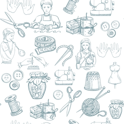 Handmade tailoring metal painting workshop hand drawn seamless pattern vector illustration