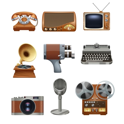 Retro nostalgic pictograms collection of antique mechanical typewriter and gramophone vinyl records player abstract isolated vector illustration