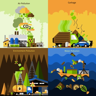 Pollution design concept set with air environment water damage flat icons isolated vector illustration