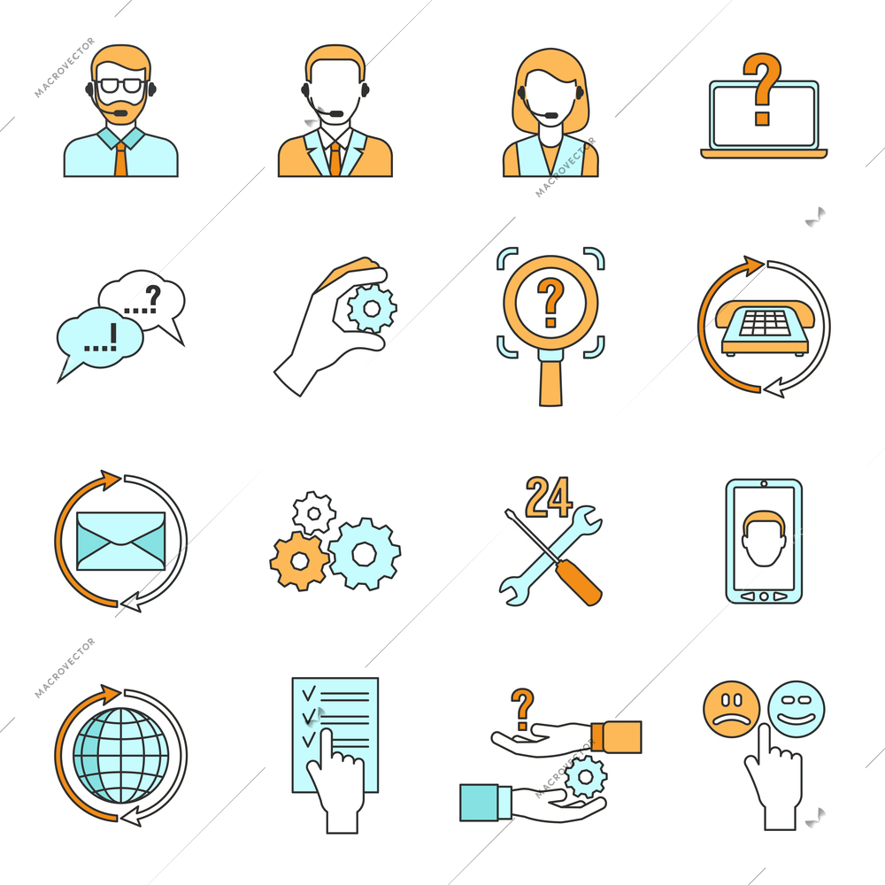 Support call center and settings outline icons set flat isolated vector illustration