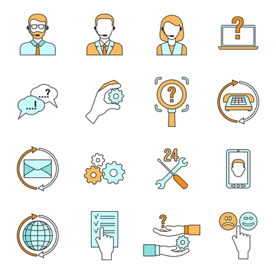 Support call center and settings outline icons set flat isolated vector illustration