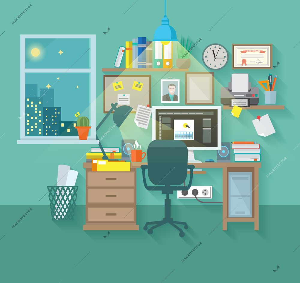 Workspace in room interior with desk chair home computer and stationery vector illustration