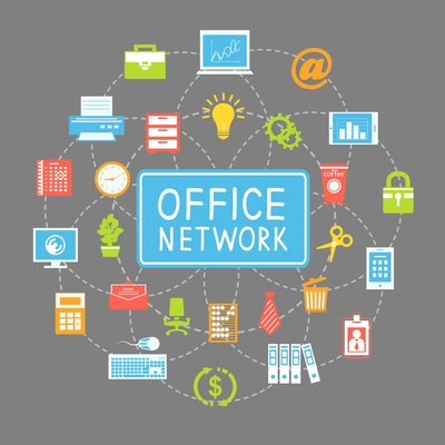 Business office networking and communication concept with stationery supplies vector illustration
