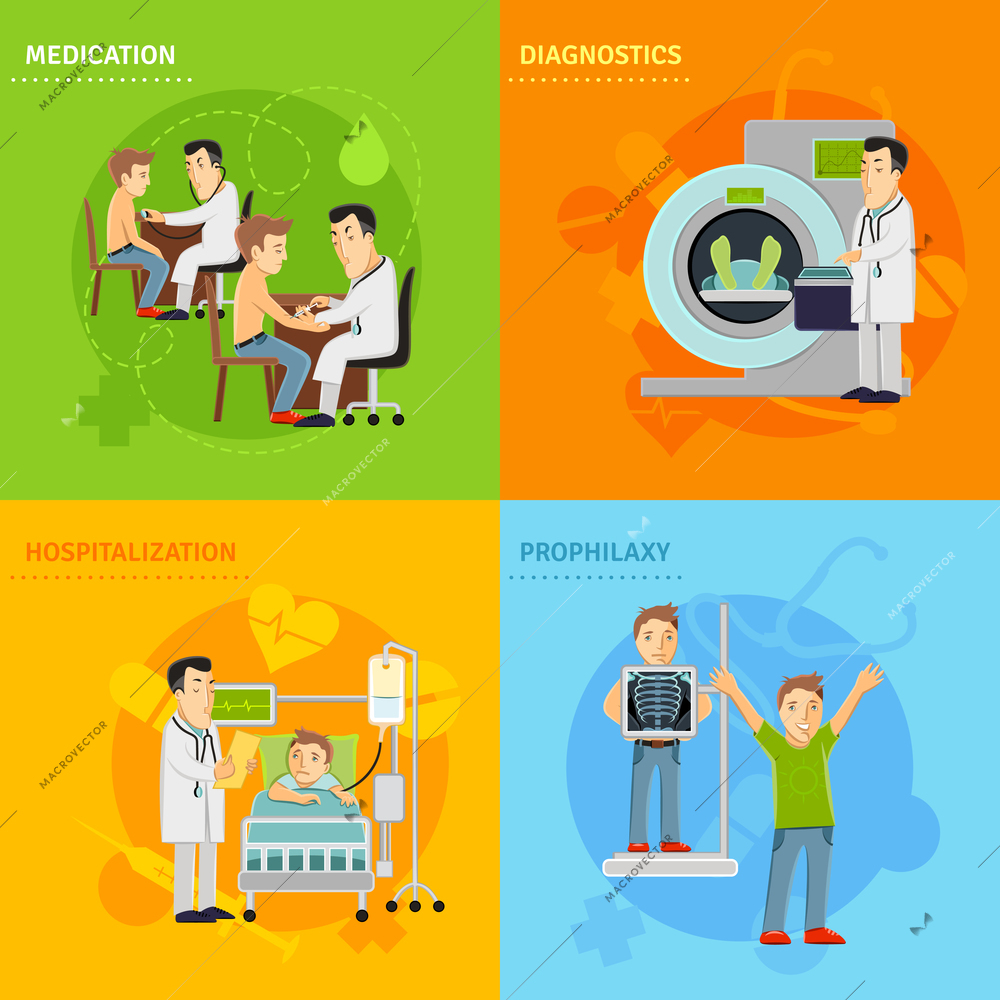 Hospital treatment design concept set with prophylaxy diagnostics medication hospitalization flat icons isolated vector illustration