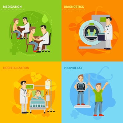 Hospital treatment design concept set with prophylaxy diagnostics medication hospitalization flat icons isolated vector illustration