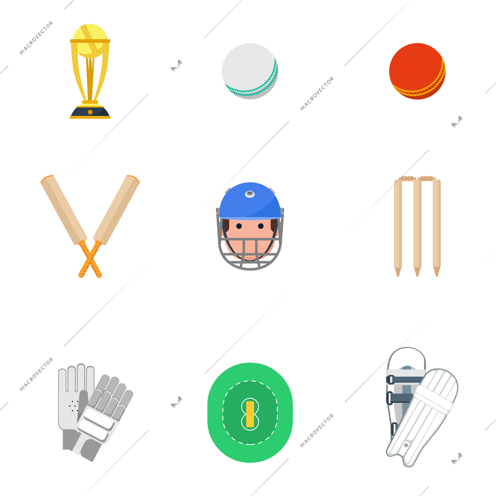 Cricket sport game icons set with protective leg guard and helmet and trophy abstract isolated vector illustration