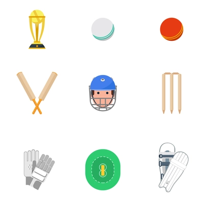 Cricket sport game icons set with protective leg guard and helmet and trophy abstract isolated vector illustration