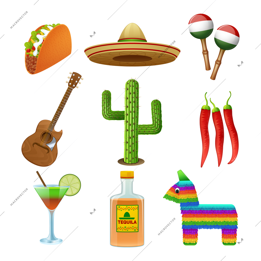 Mexican culture flat icons set with tequila sombrero and hot chili pepper taco abstract isolated vector illustration