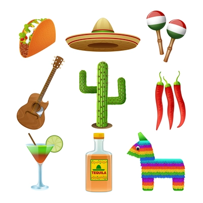 Mexican culture flat icons set with tequila sombrero and hot chili pepper taco abstract isolated vector illustration