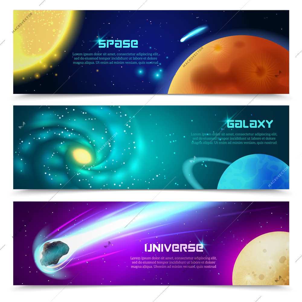 Cosmos space galaxy astronomical educational three horizontal banners set with sun and comets abstract isolated vector illustration