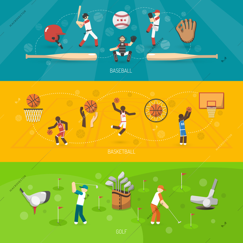 Sports banner horizontal set with baseball basketball golf players isolated vector illustration