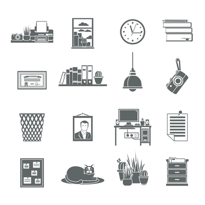 Workplace icons black set with fax bookshelf cactus clock isolated vector illustration