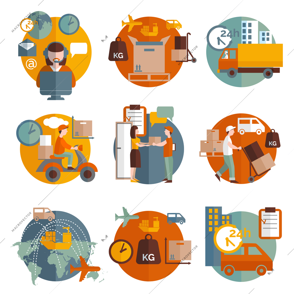 Logistics concept with transportation delivery and people round icons set flat isolated vector illustration