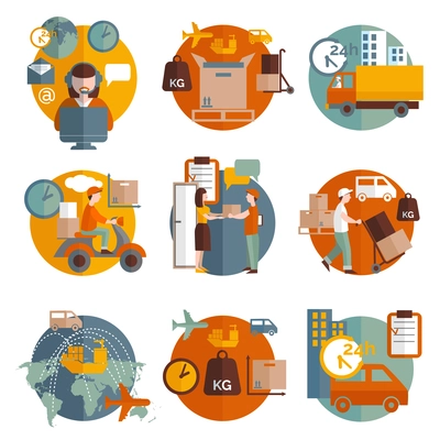 Logistics concept with transportation delivery and people round icons set flat isolated vector illustration