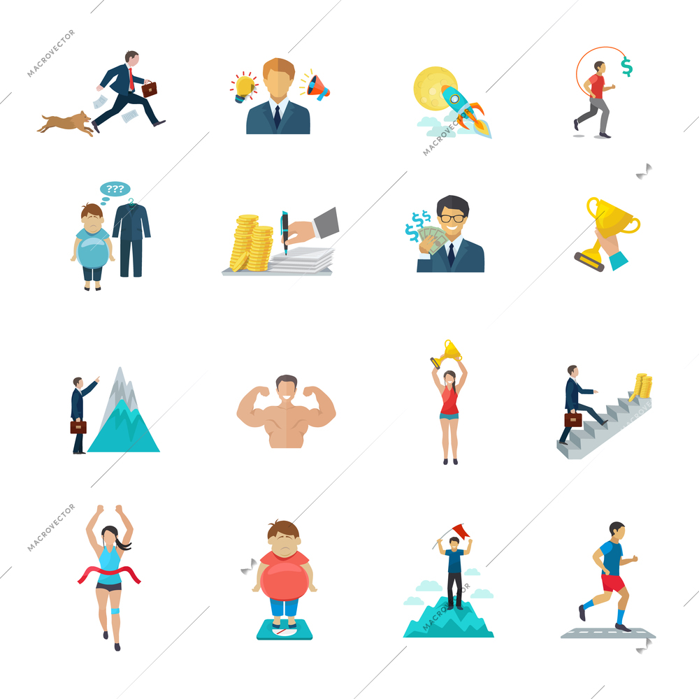 Motivation in office work and sport icons flat set isolated vector illustration