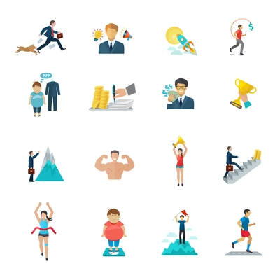 Motivation in office work and sport icons flat set isolated vector illustration