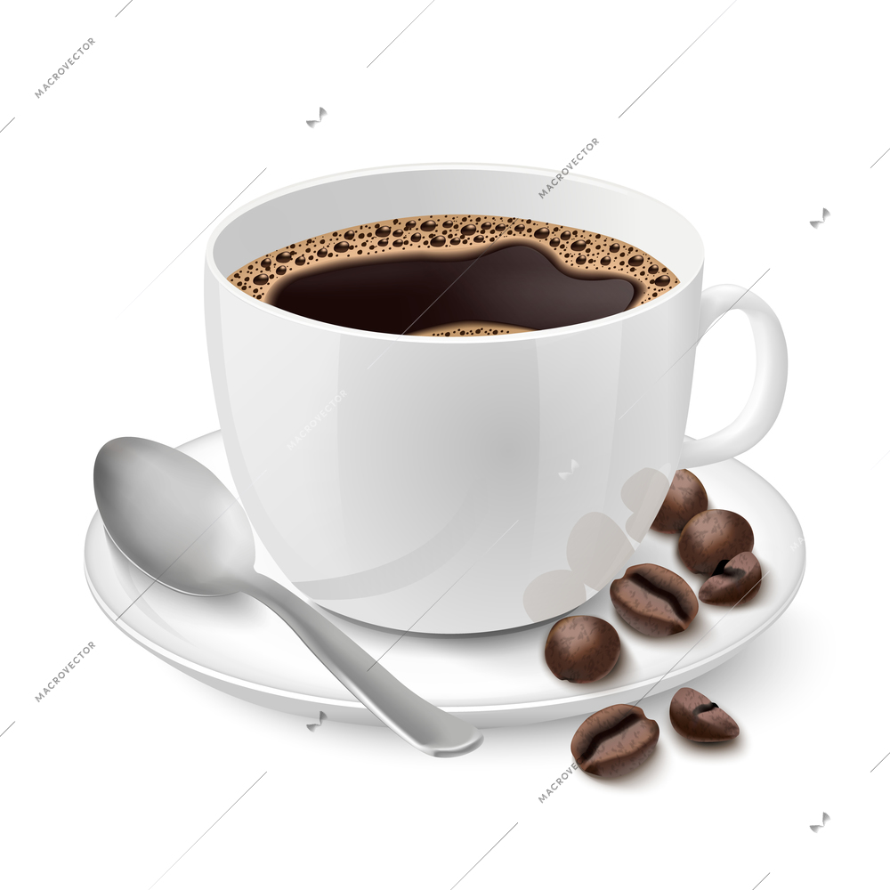 Side view on realistic white cup filled with black classic espresso with coffee beans vector illustration