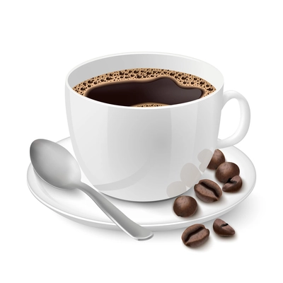 Side view on realistic white cup filled with black classic espresso with coffee beans vector illustration
