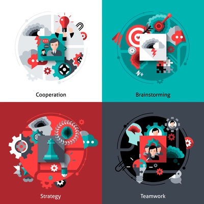 Teamwork design concept set with cooperation brainstorming strategy flat icons isolated vector illustration