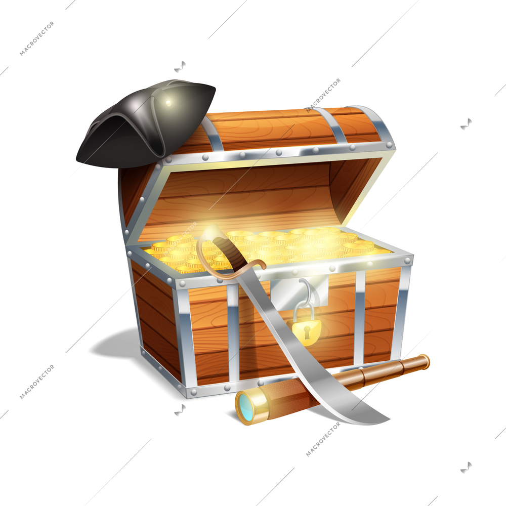 Pirate wooden treasure chest trunk with gold spy glass cutlass and black triangle hat abstract vector illustration