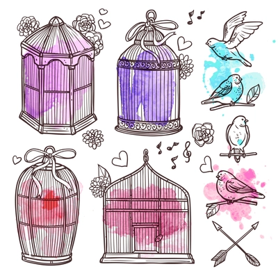 Hand drawn cages and birds with watercolor marks scrapbook set vector illustration