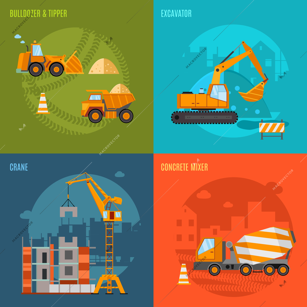 Construction machines design concept set with bulldozer tipper excavator and concrete mixer flat icons isolated vector illustration