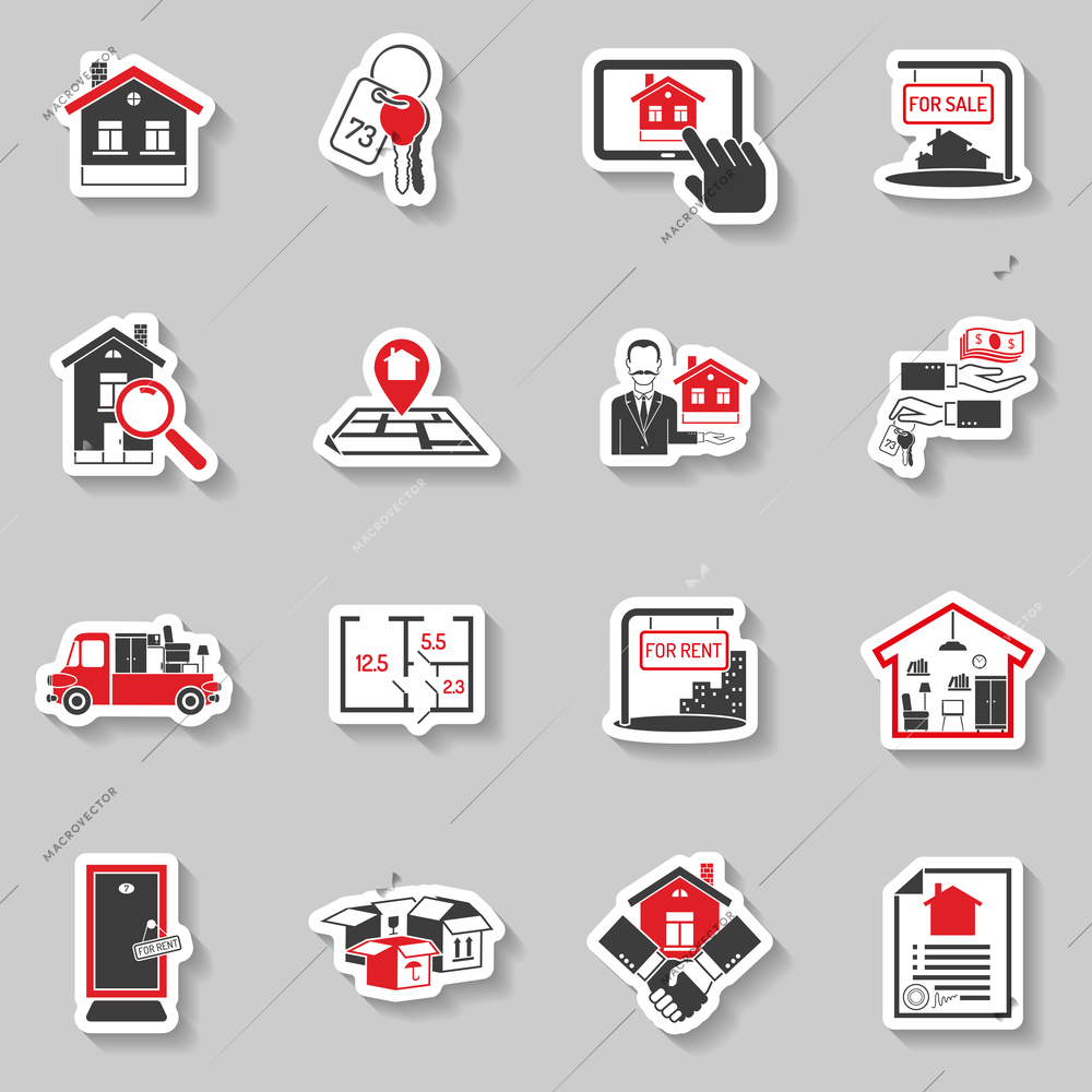 Real estate buying building and searching paper sticker set isolated vector illustration