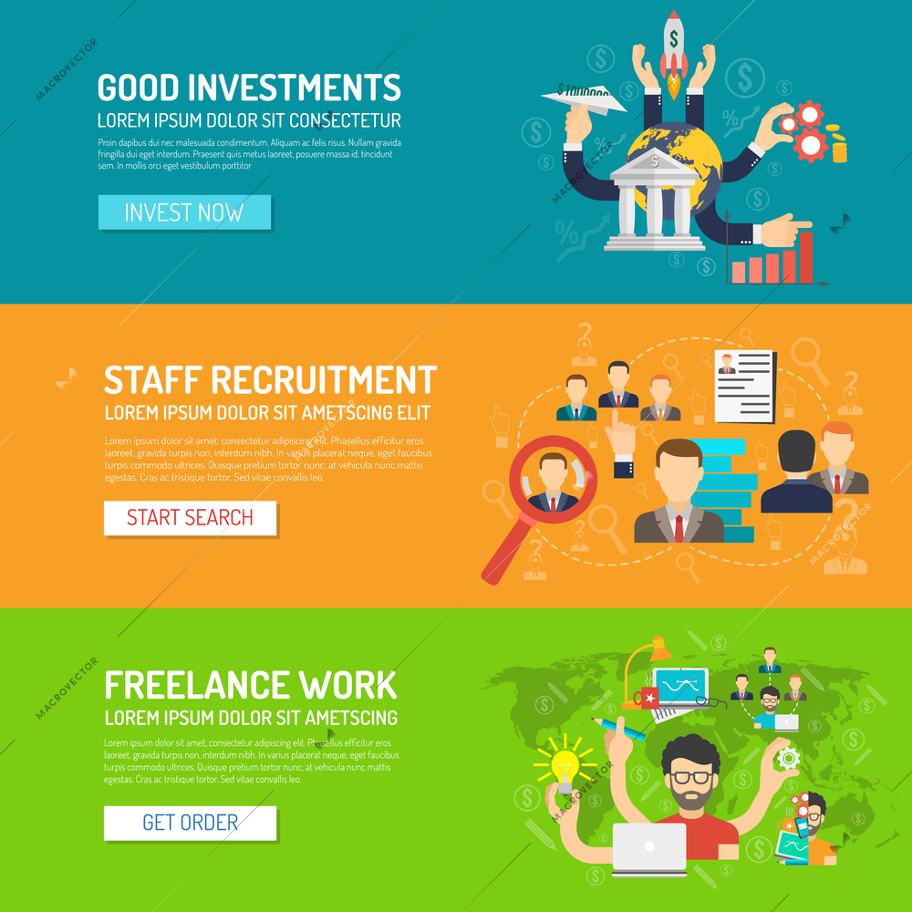 Business banner horizontal set with investments recruitment freelance work elements isolated vector illustration