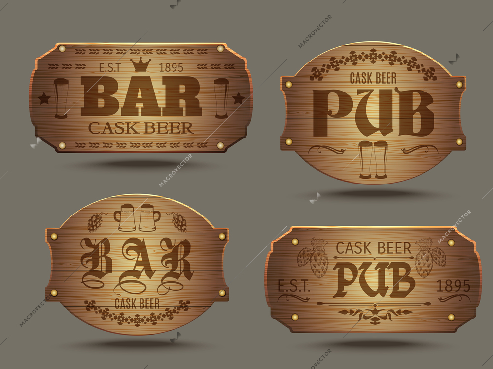 Pub wooden old-fashioned signs set for craft cast ale beer tasting advertisement poster abstract isolated vector illustration