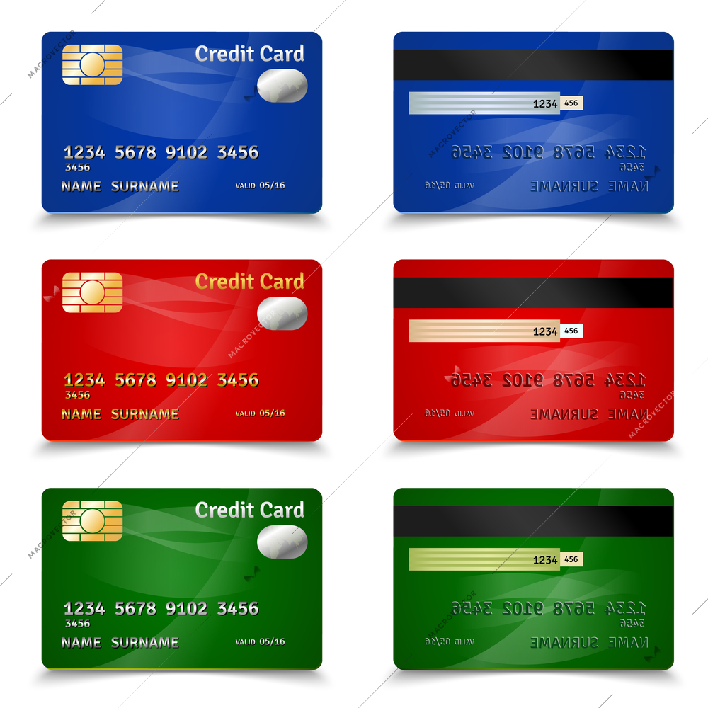 Plastic bank credit card set in red blue and green design realistic isolated vector illustration