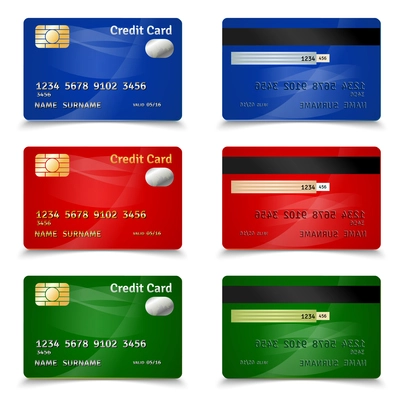 Plastic bank credit card set in red blue and green design realistic isolated vector illustration