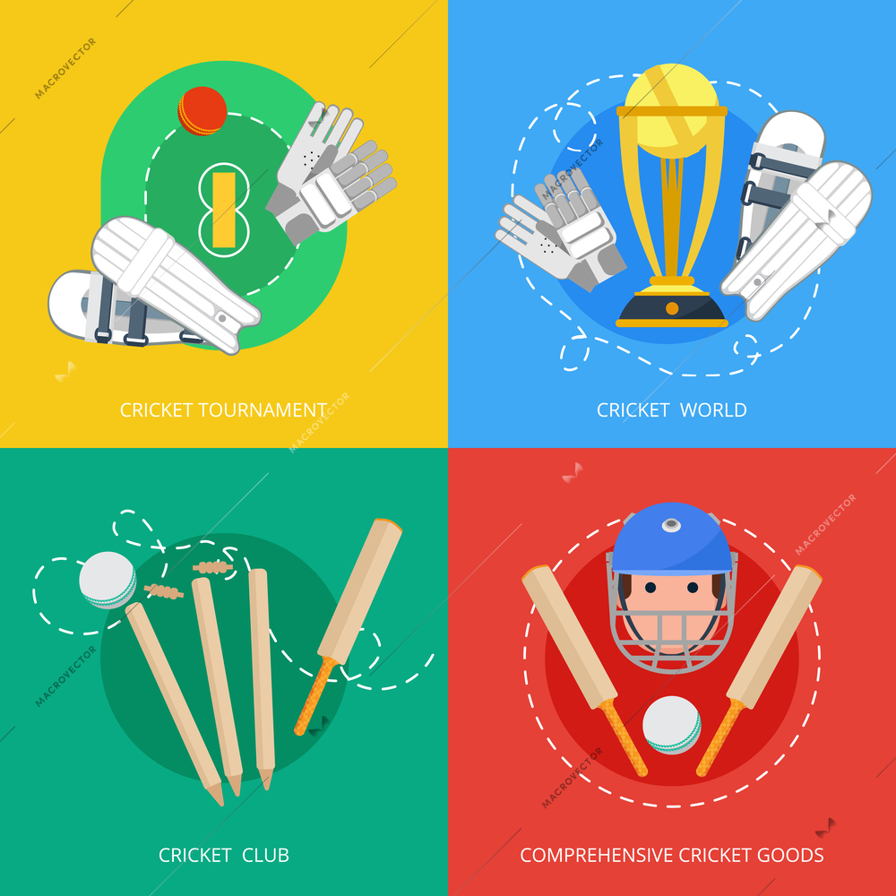 Outdoor cricket game equipment four flat icons composition with bat trophy and gloves abstract isolated vector illustration